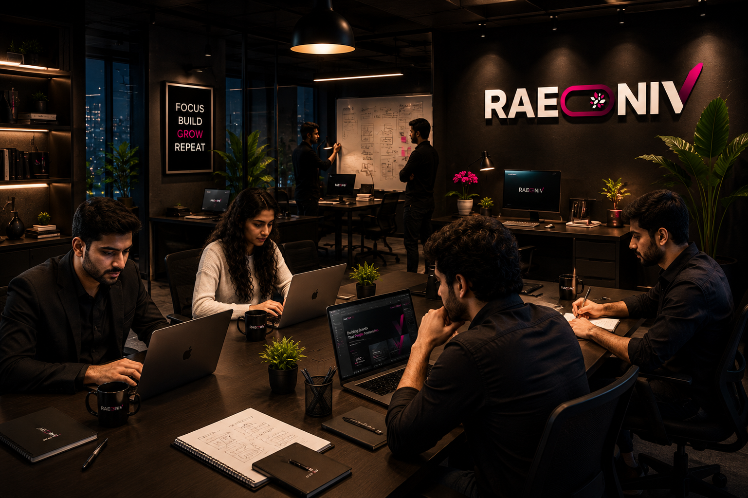The Raeoniv team working together in a premium office environment focused on strategy, design, and digital execution.