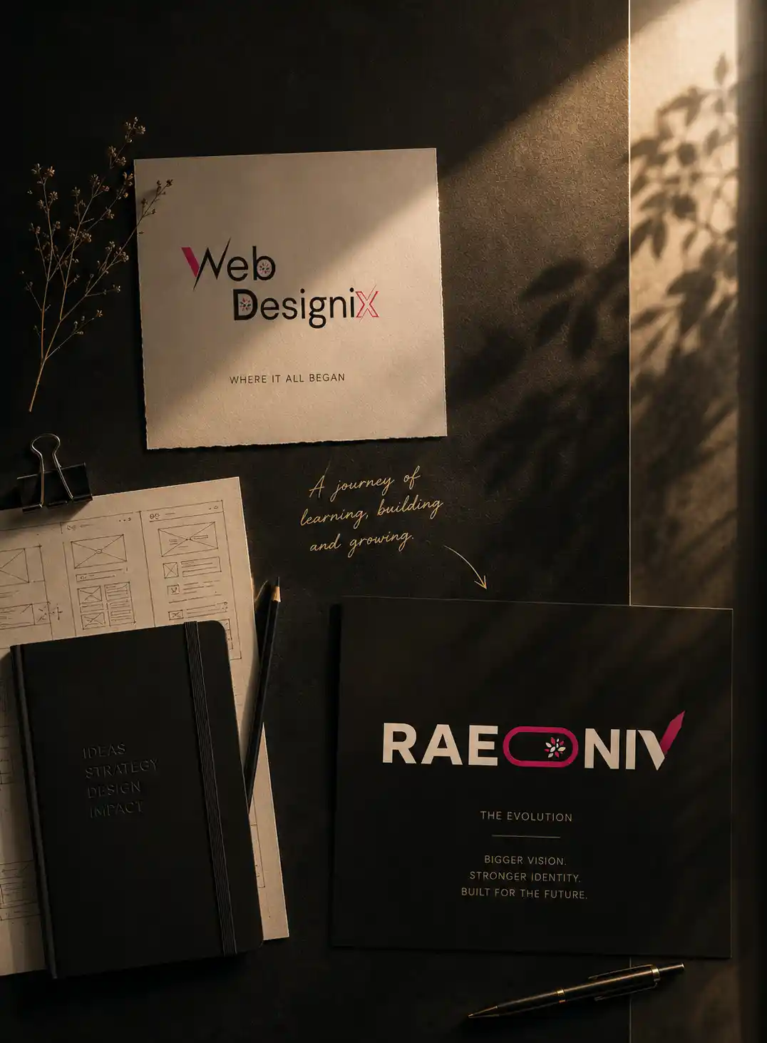 Editorial brand evolution visual showcasing the transition from WebDesignix to Raeoniv with design sketches, strategic notes, and a premium creative workspace.